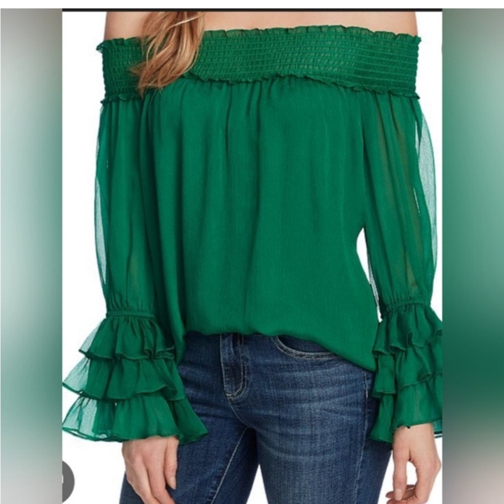 CECE green off the shoulder ruffle cuff blouse balloon sleeves NWT